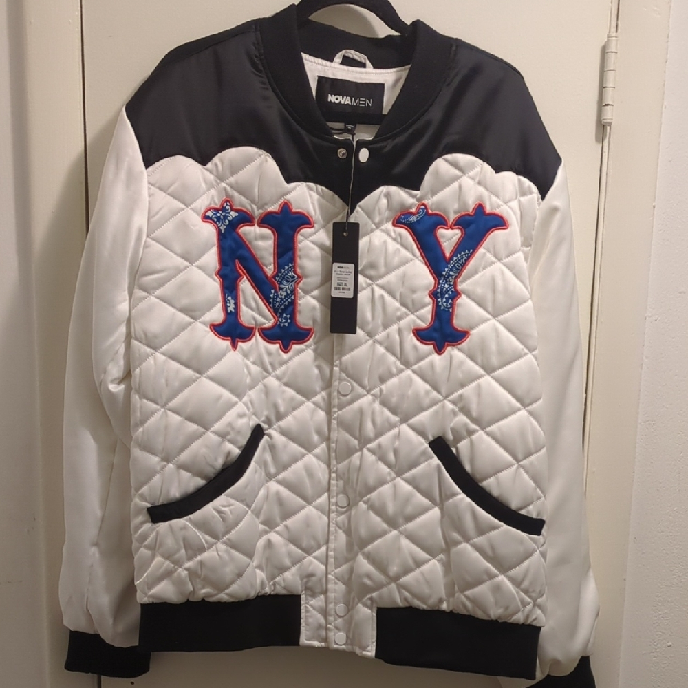 NY Quilted Bomber Jacket in White and Black / Blue Patch Letters Super Sale $50